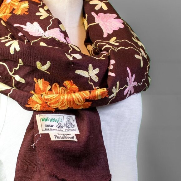 Kashmir Accessories - KASHMIRI Floral Shawl | Kashmir Wool Hand-Embroidered Floral Shawl | 72” x 24”
